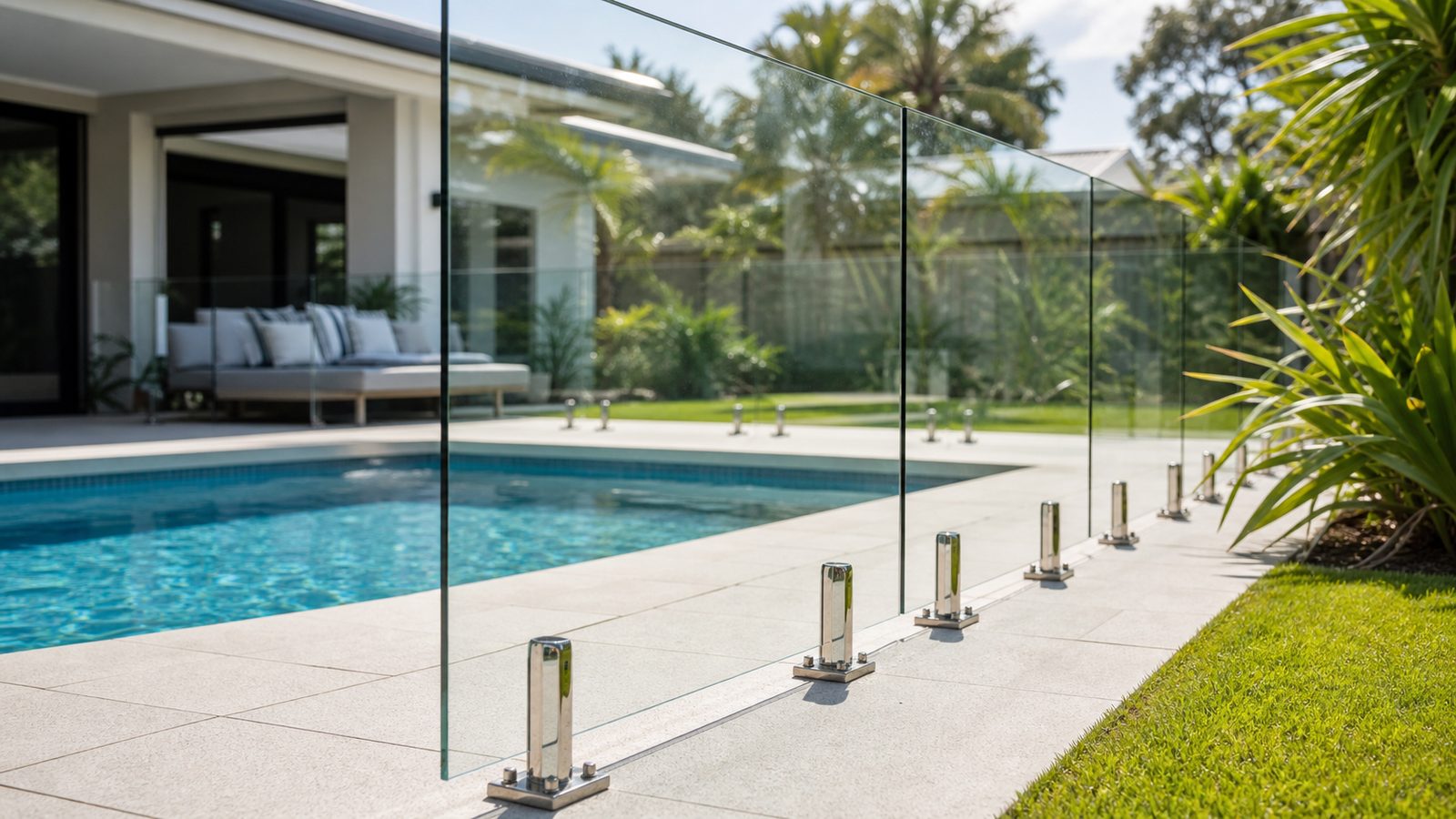 Completed frameless glass pool fence with compliant gate